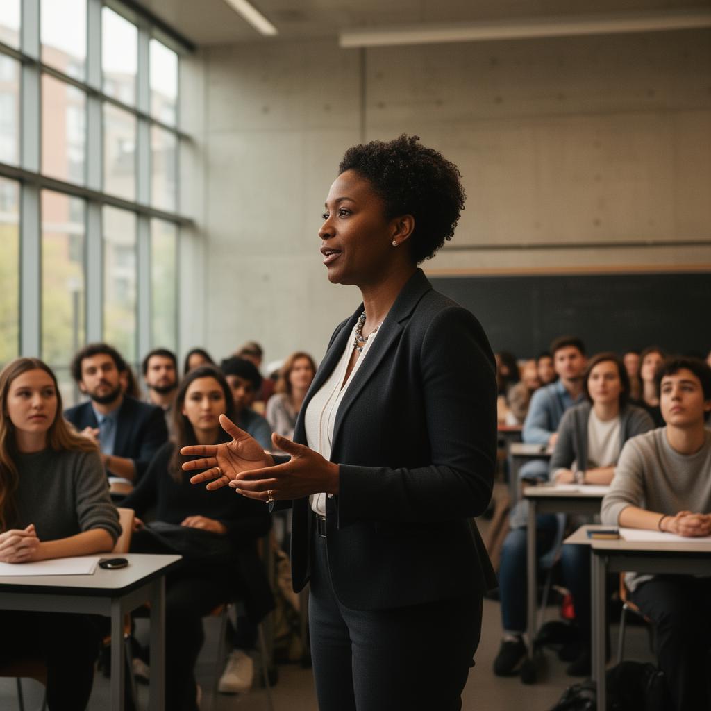 A Black woman professor mid-lecture in a modern university hall with diverse students.