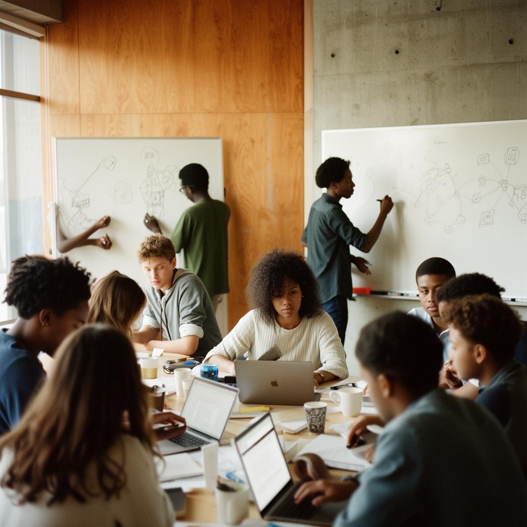 A mixed group of young adults sketching AI literacy diagrams in a sunlit studio.